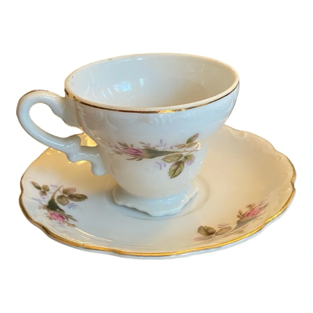 Vintage Moss Rose Teacup and Saucer Set, Fine China Japan Gold Trim